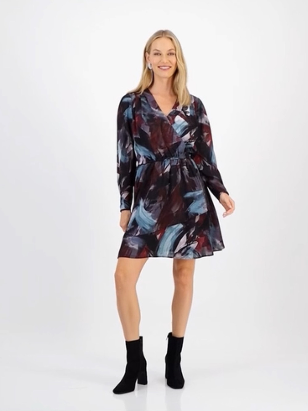 Abstract Print Long-Sleeve Wrap Dress in Multi-Color